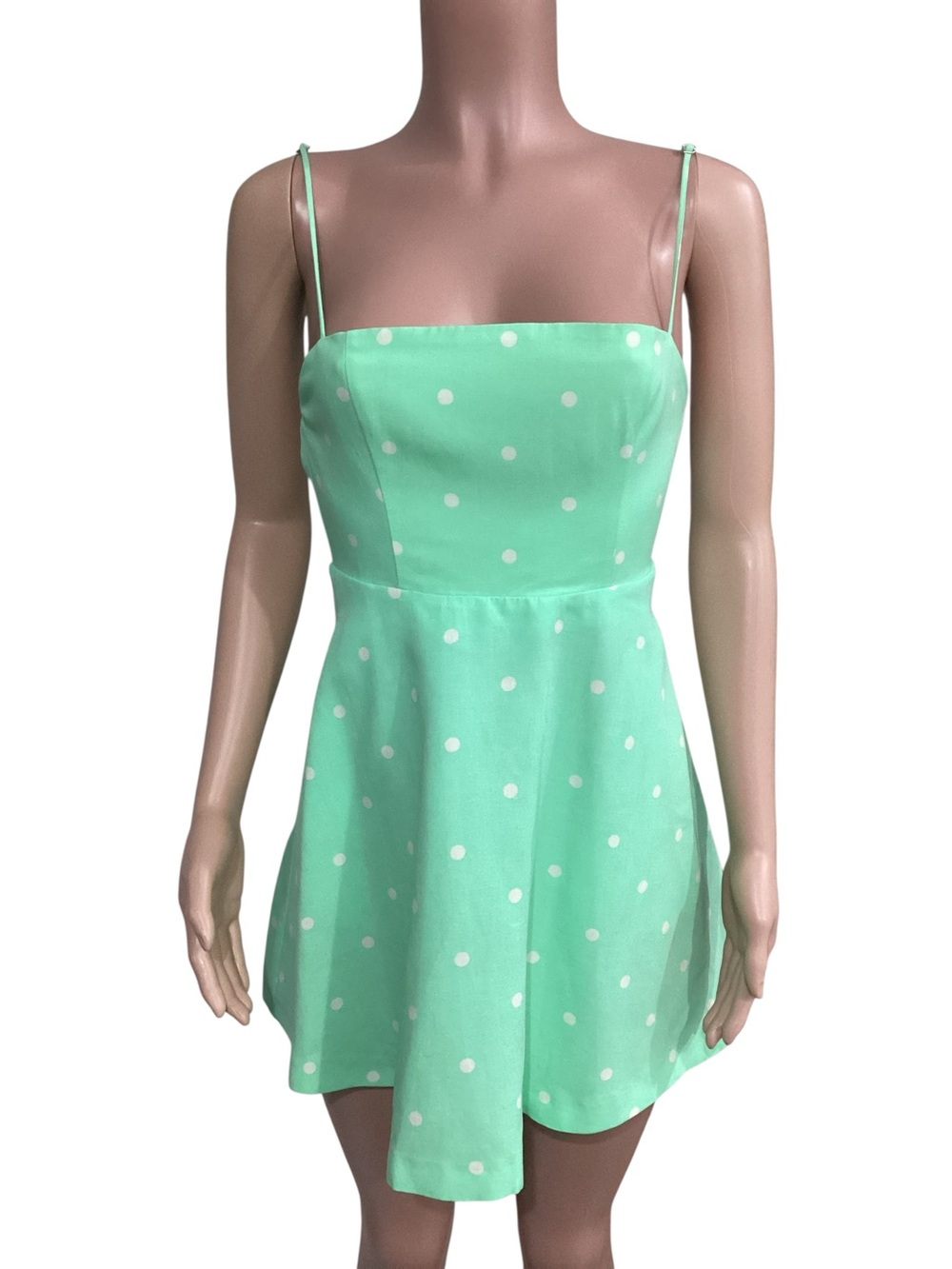 Zara Linen Blend Mint Green & White Polka Dot Mini Dress Size Small